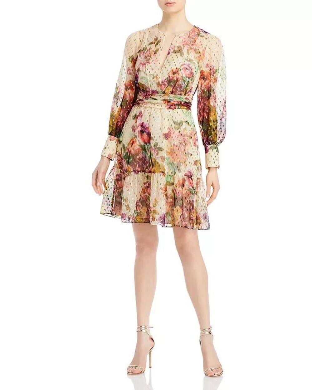 Kobi Halperin Pauline Floral Metallic Clip Dot Long Sleeve Dress Ivory Multi Sz4
